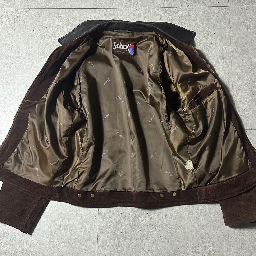 希少 Schott 313 襟レザー ジャケット 黒 ブラウン 40 スウェード