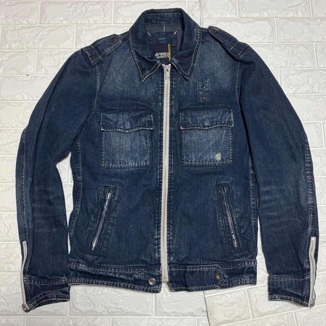 【美品】AVIREX★デニムジャケット ジップアップ USED加工 Ｌサイズ