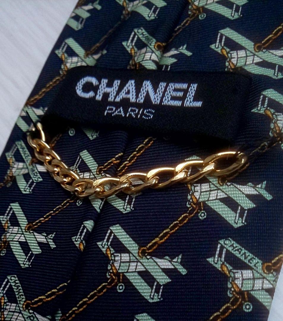 極美品 CHANEL イタリア製 シルク100% ネクタイ 濃紺×複葉機 レア