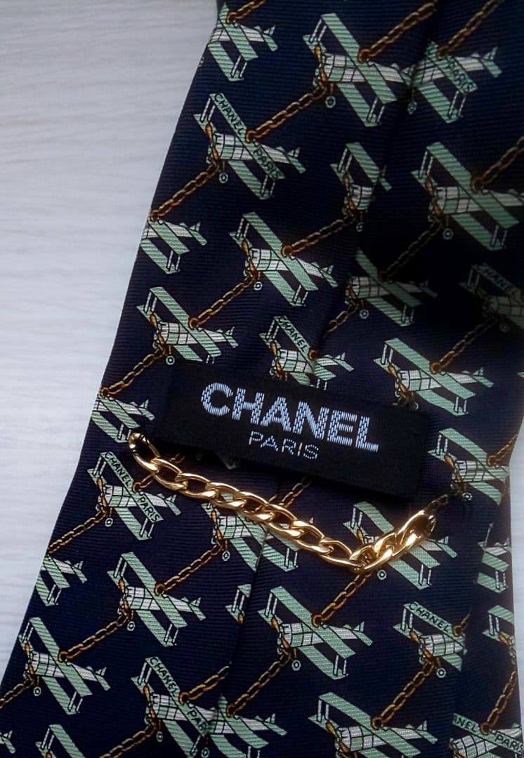 極美品 CHANEL イタリア製 シルク100% ネクタイ 濃紺×複葉機 レア