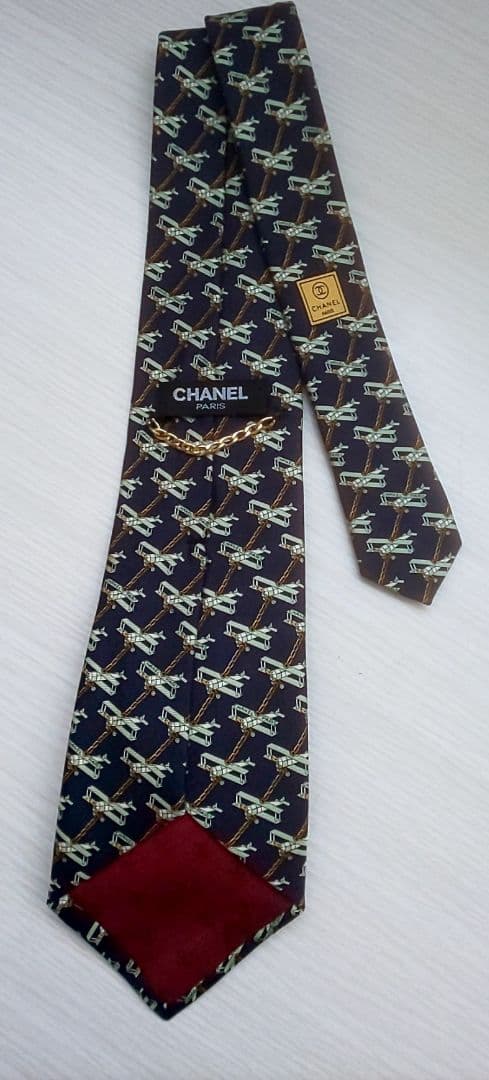 極美品 CHANEL イタリア製 シルク100% ネクタイ 濃紺×複葉機 レア