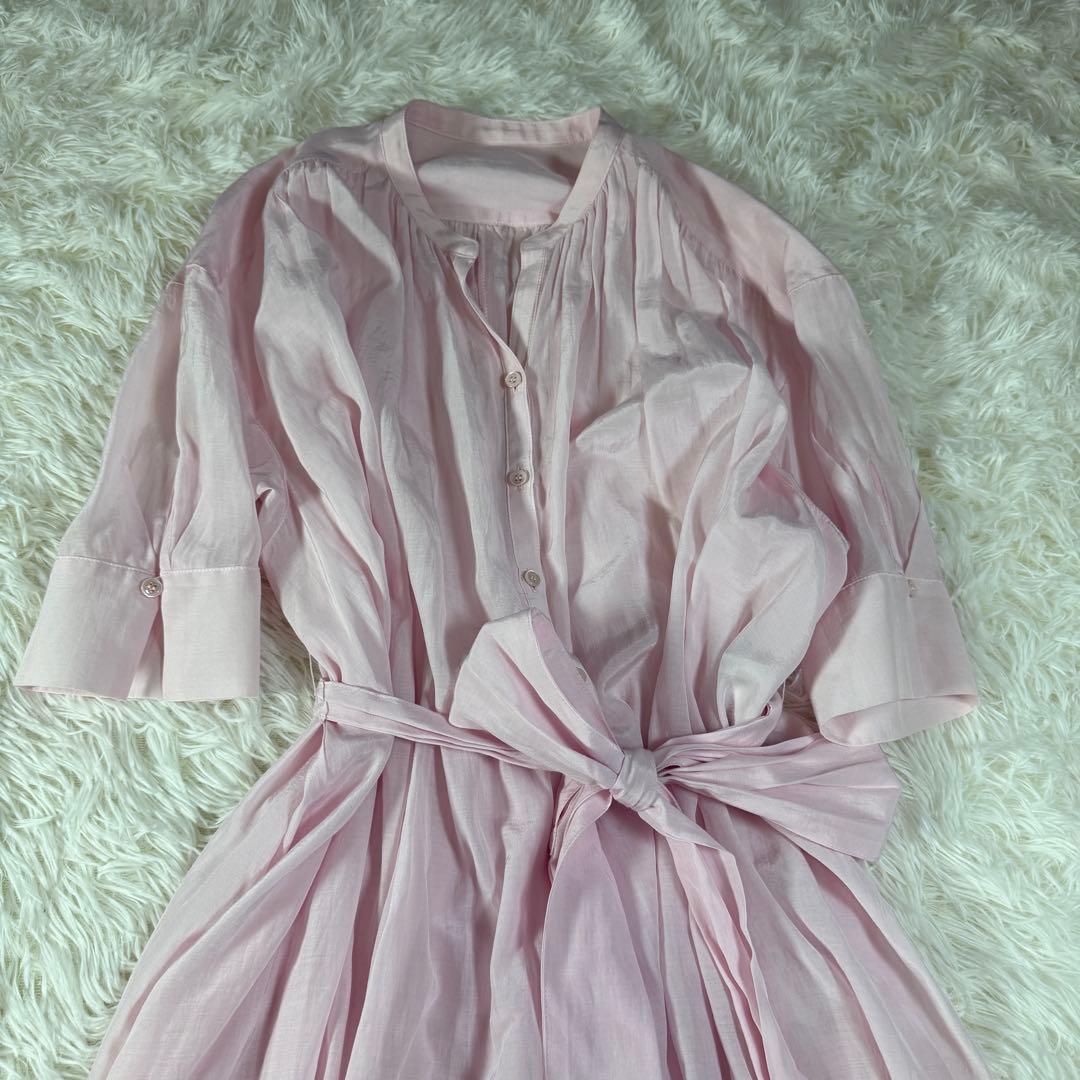 新品タグ付 ANAYI ロングワンピース シアー ピンク リボン 日本製 36