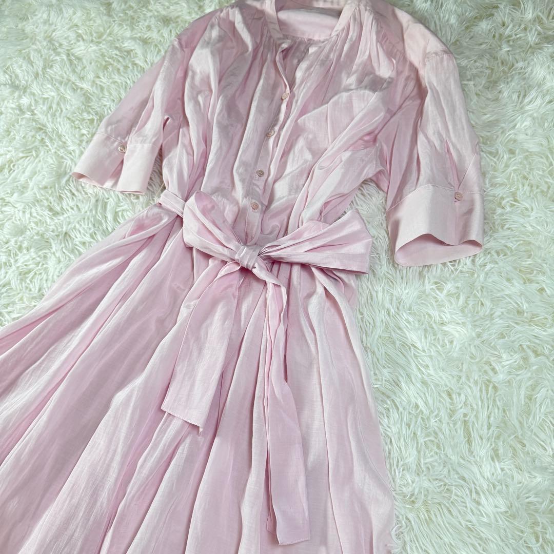 新品タグ付 ANAYI ロングワンピース シアー ピンク リボン 日本製 36