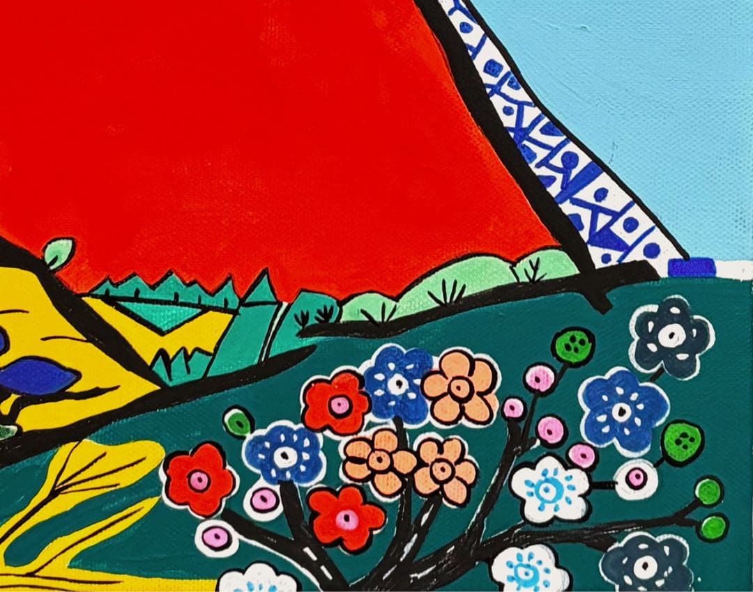 【F4号】手描き油彩　片岡球子【富士】赤富士　未使用額　額縁　サイン　落款