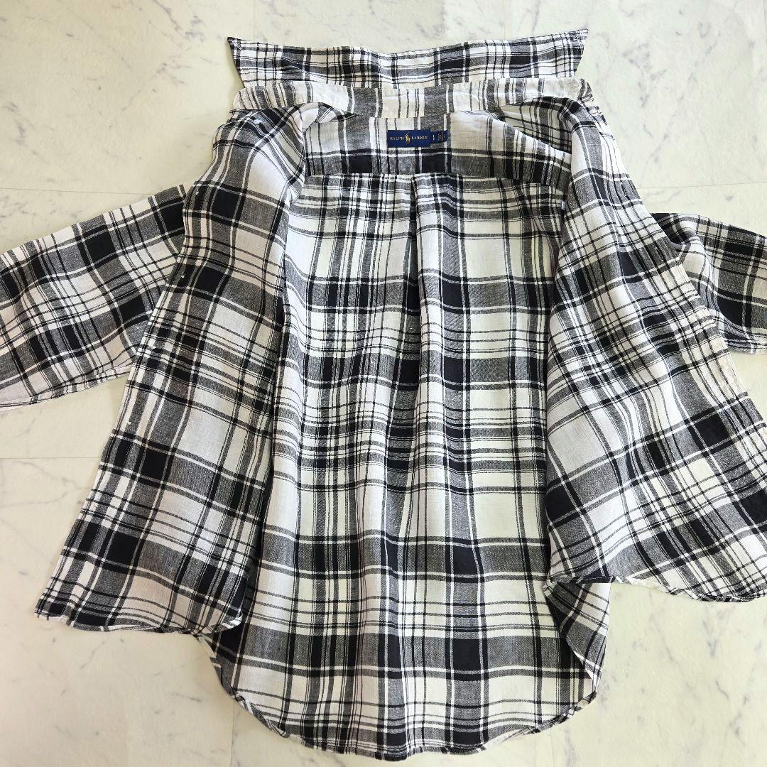 ラルフローレン 麻 リネン 白黒 モノトーンチェック柄シャツ Lサイズ