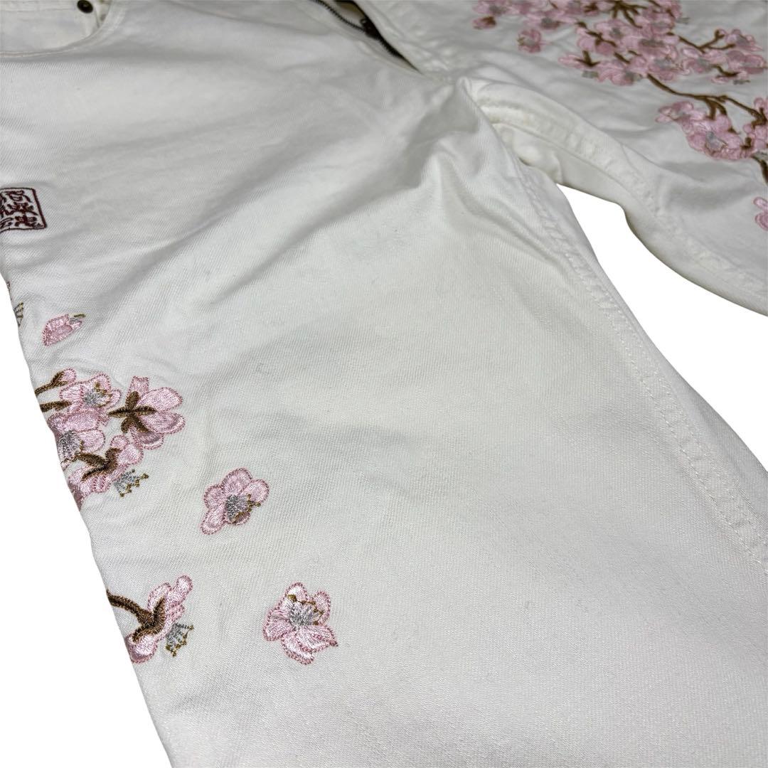 絡繰魂 桜 刺繍 ホワイトデニム 34