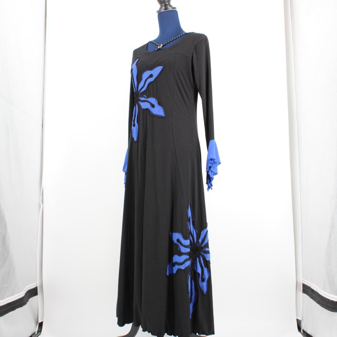 【美品 社交ダンス衣装】ワンピース ドレス un×Ⅱ 青 黒 花柄 かわいい