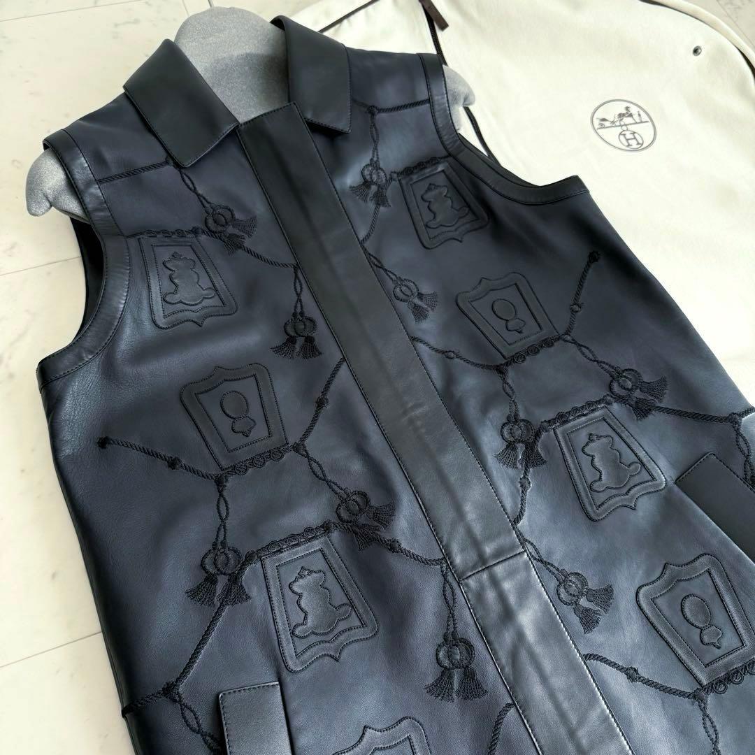 付属品付 幻 HERMES エンブロイダリー ラムレザーロングベスト ブラック