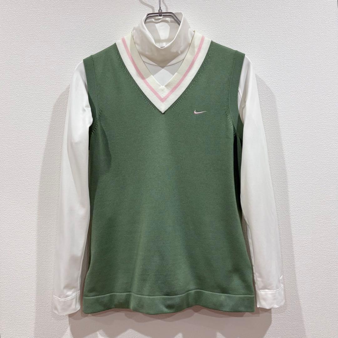 ナイキゴルフ　Nike Vネックニットベスト　モックネックシャツ 緑白　春　M