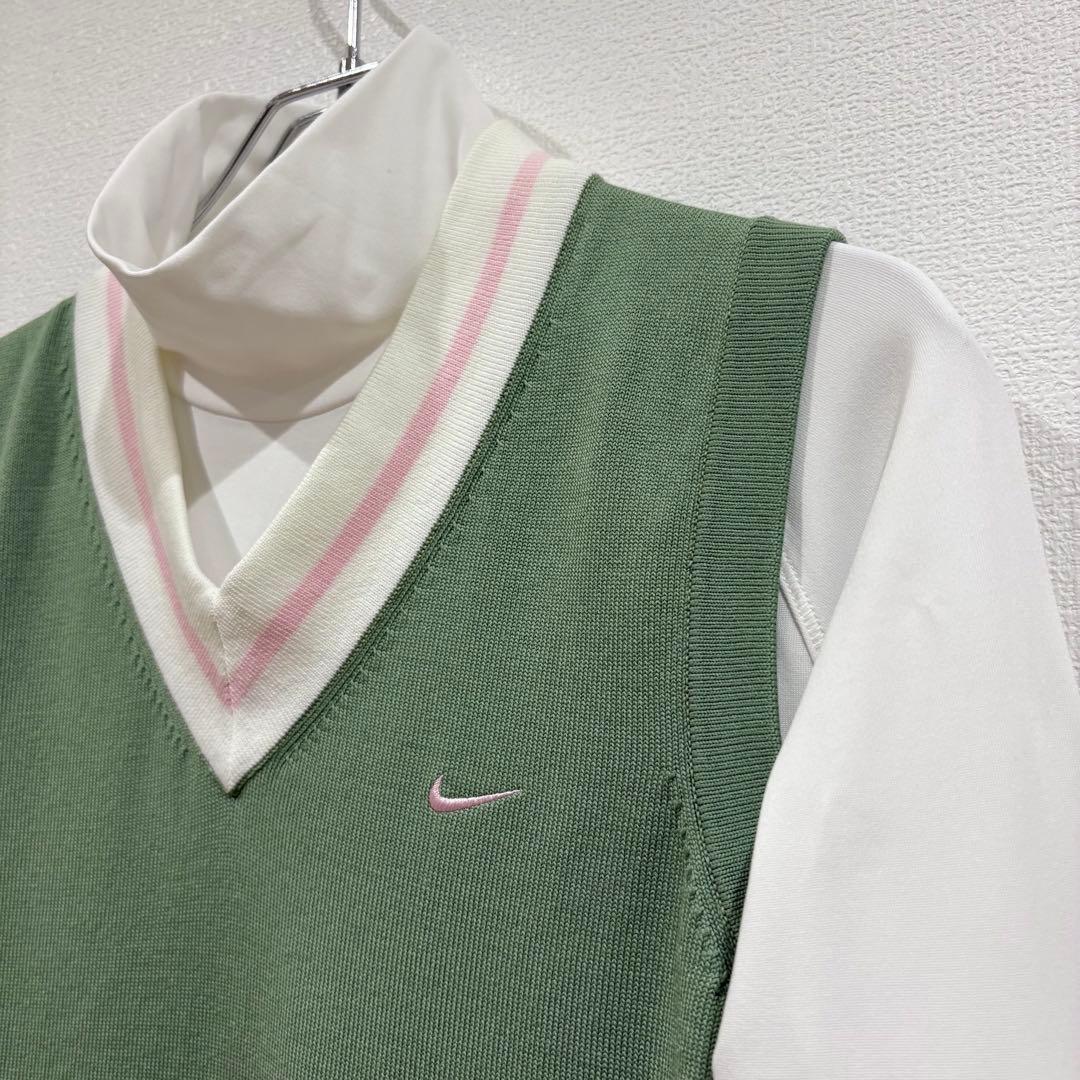ナイキゴルフ　Nike Vネックニットベスト　モックネックシャツ 緑白　春　M