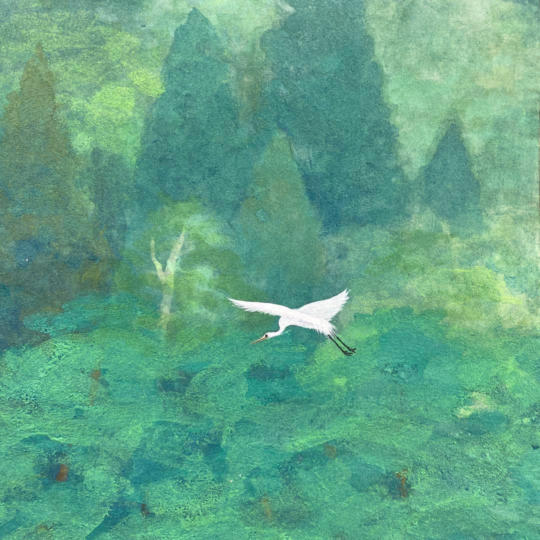 美品 掛け軸 正美作 翠緑山水図 太巻き付 共箱 夏掛け