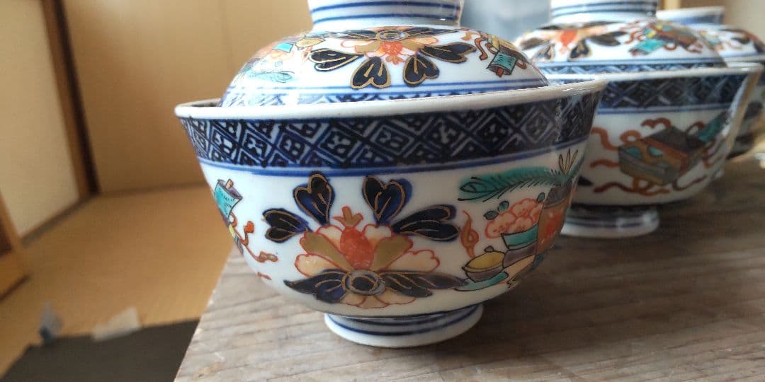 古伊万里　蓋茶碗　冨貴長春　明治18年20客のうち5客