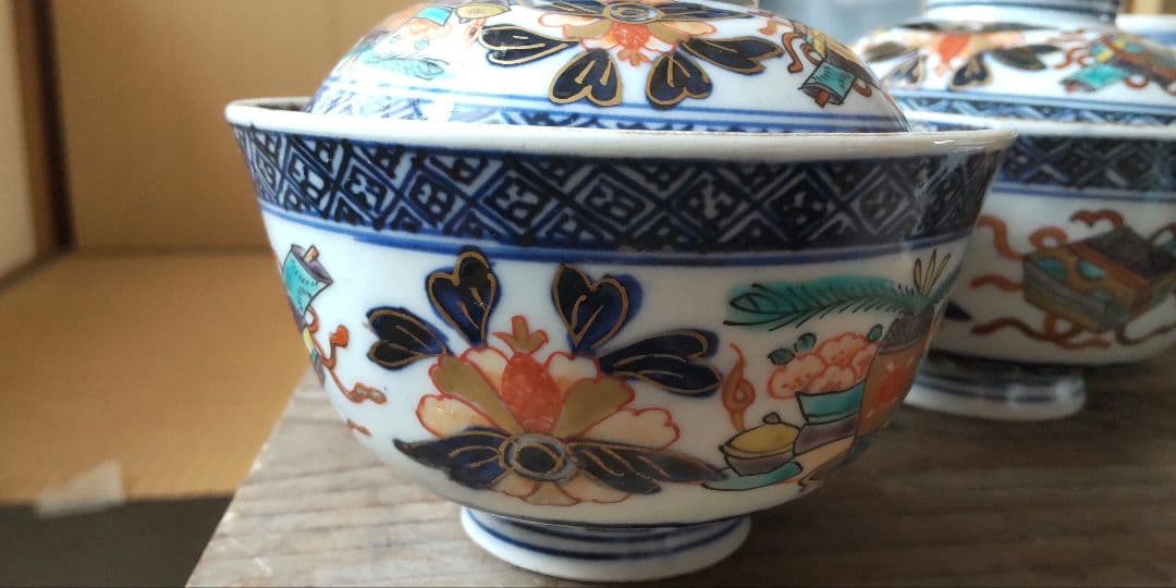 古伊万里　蓋茶碗　冨貴長春　明治18年20客のうち5客