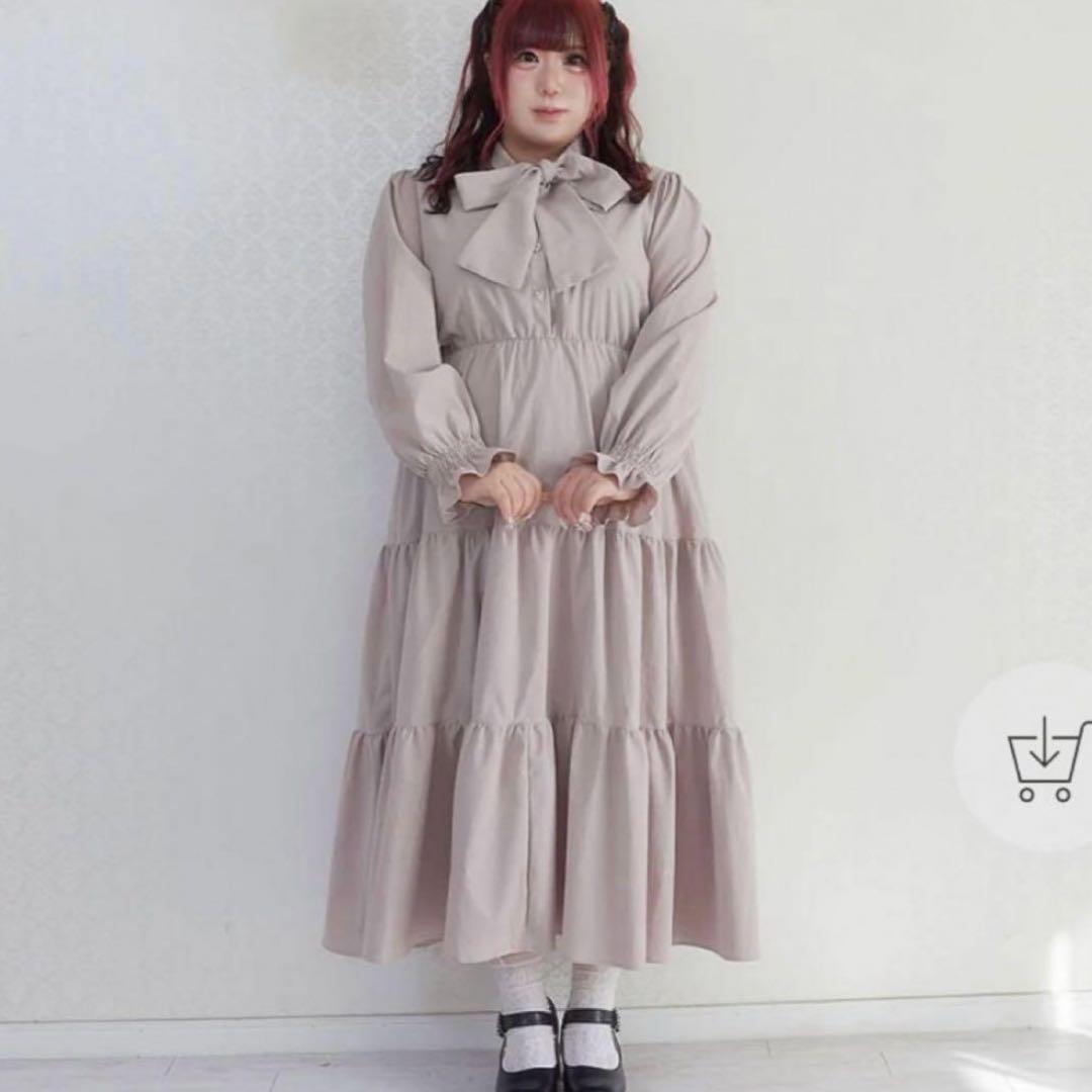 夢展望 ボウタイティアードロングワンピース ピンク ブラウン グレージュ