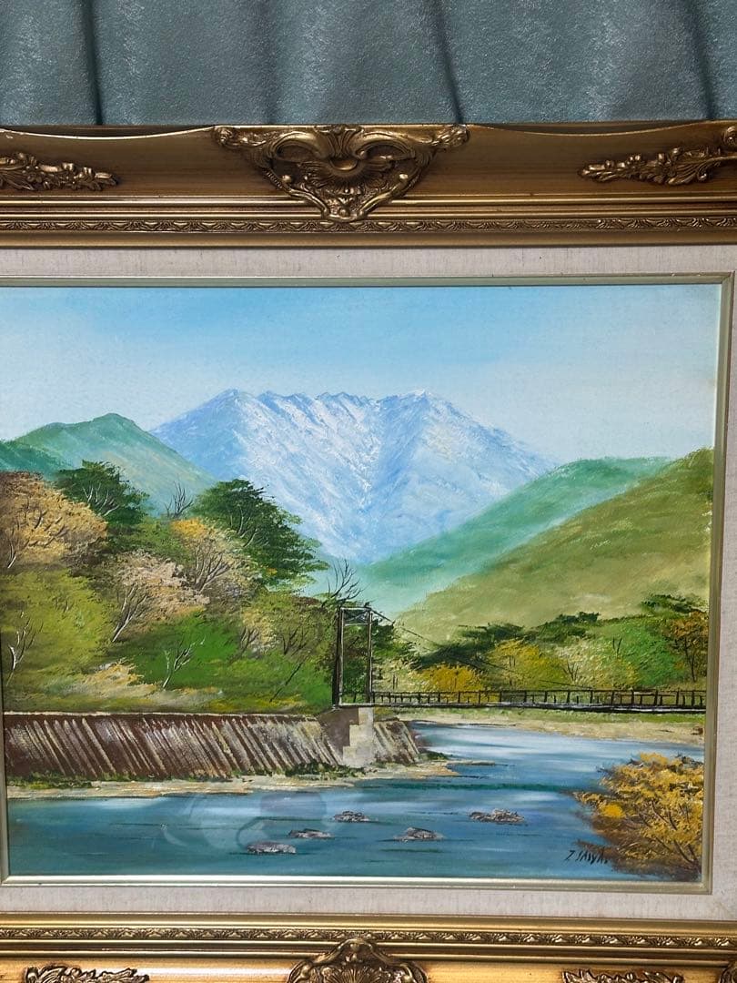 真作】肉筆絵画　沢健　キャンバス油彩10号　上高地　穂高連峰　雄大風景画　美術品