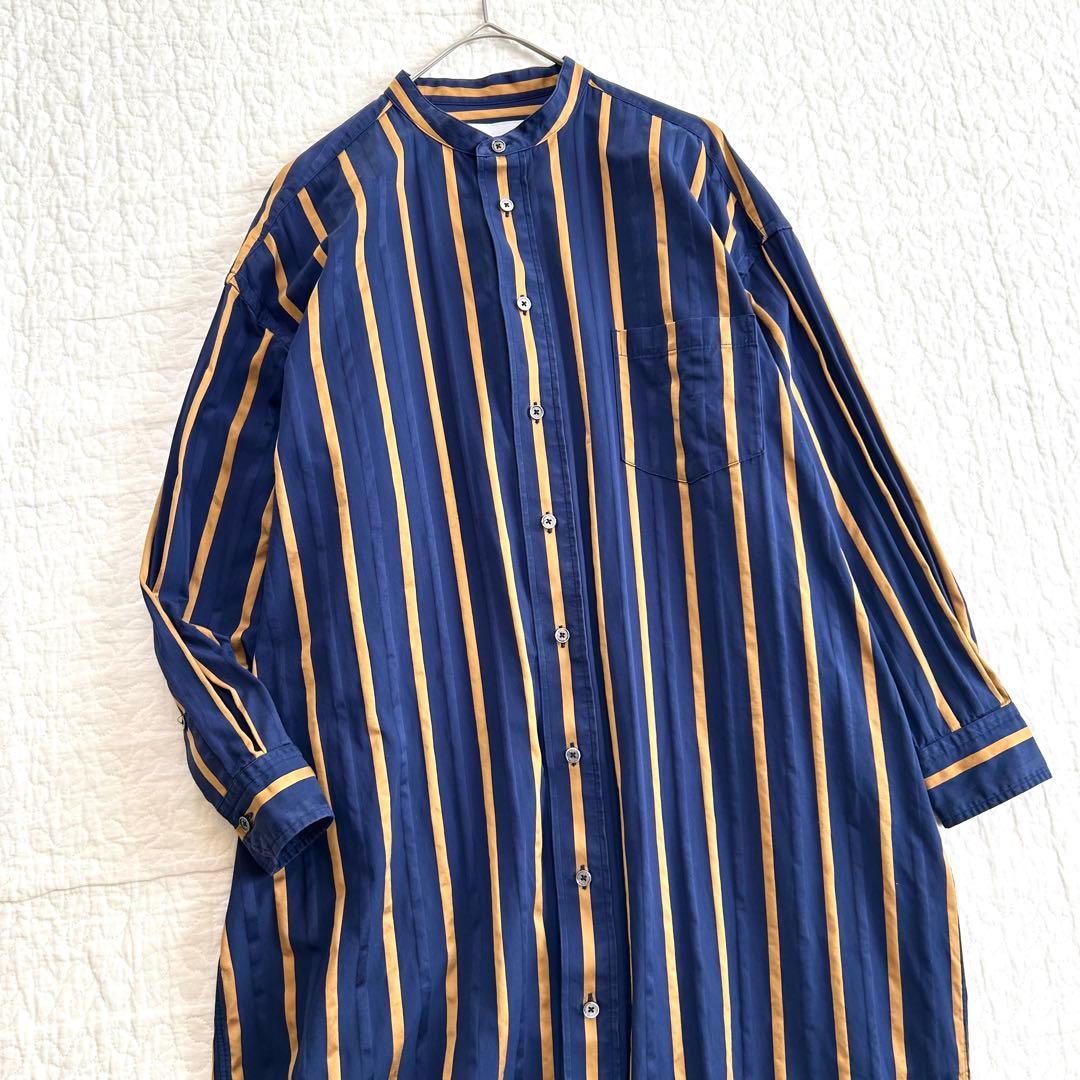 TICCA ノーカラースクエアビッグロングシャツ ワンピース ストライプ