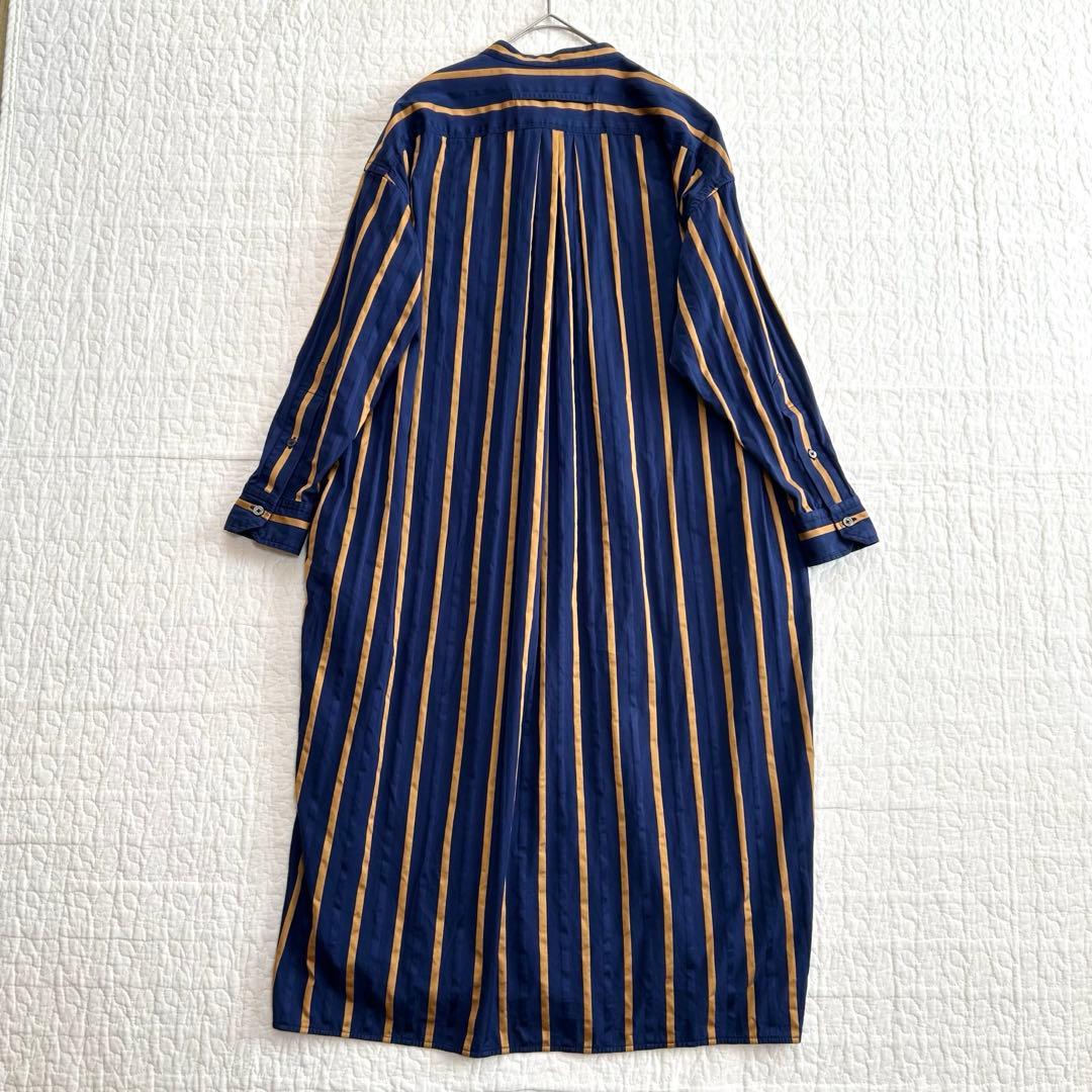 TICCA ノーカラースクエアビッグロングシャツ ワンピース ストライプ