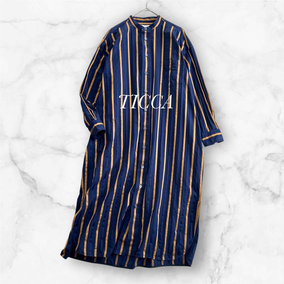 TICCA ノーカラースクエアビッグロングシャツ ワンピース ストライプ