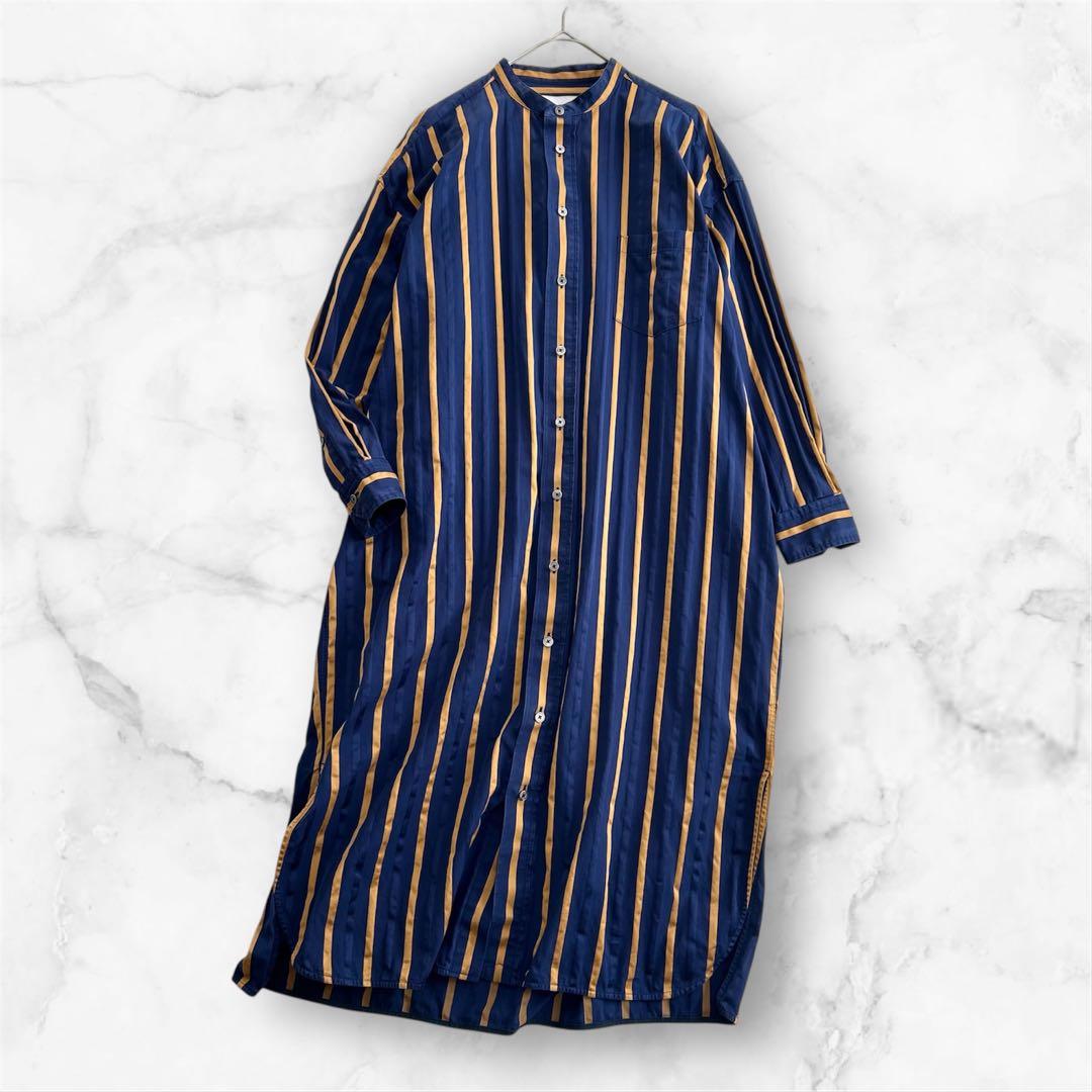 TICCA ノーカラースクエアビッグロングシャツ ワンピース ストライプ