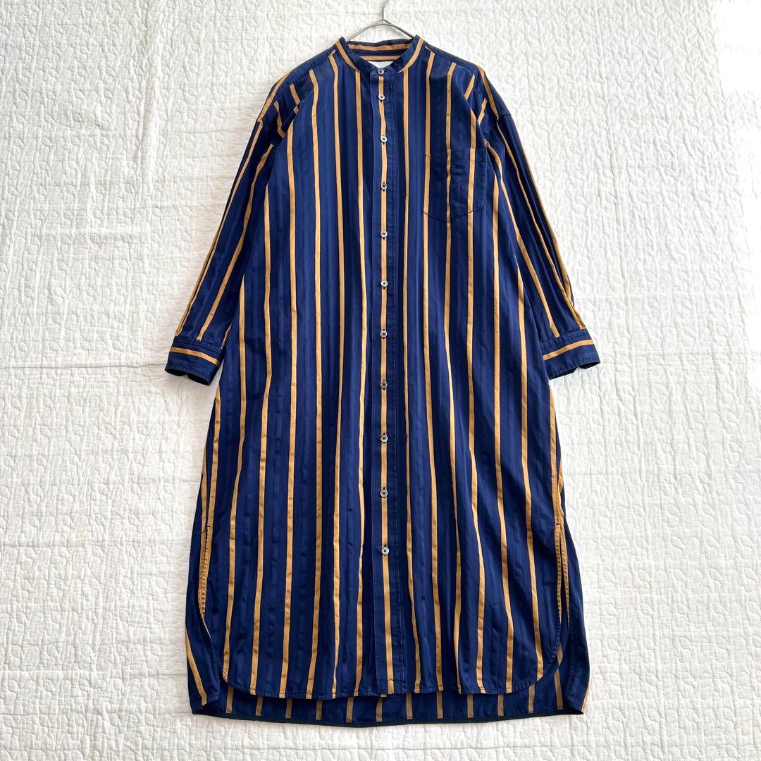 TICCA ノーカラースクエアビッグロングシャツ ワンピース ストライプ