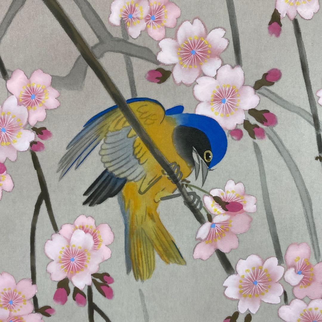 美品 掛け軸 臼井弘毅作 京浩春景図 共箱 銀閣寺 桜 花鳥 縁起物