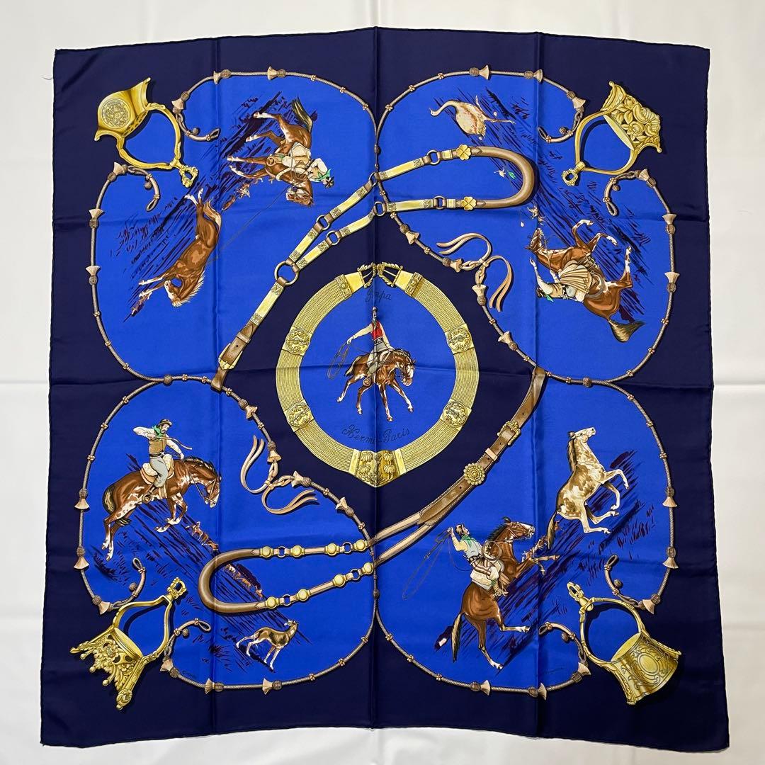 2511-335｜美品｜エルメス カレ 90 スカーフ シルク ネイビー