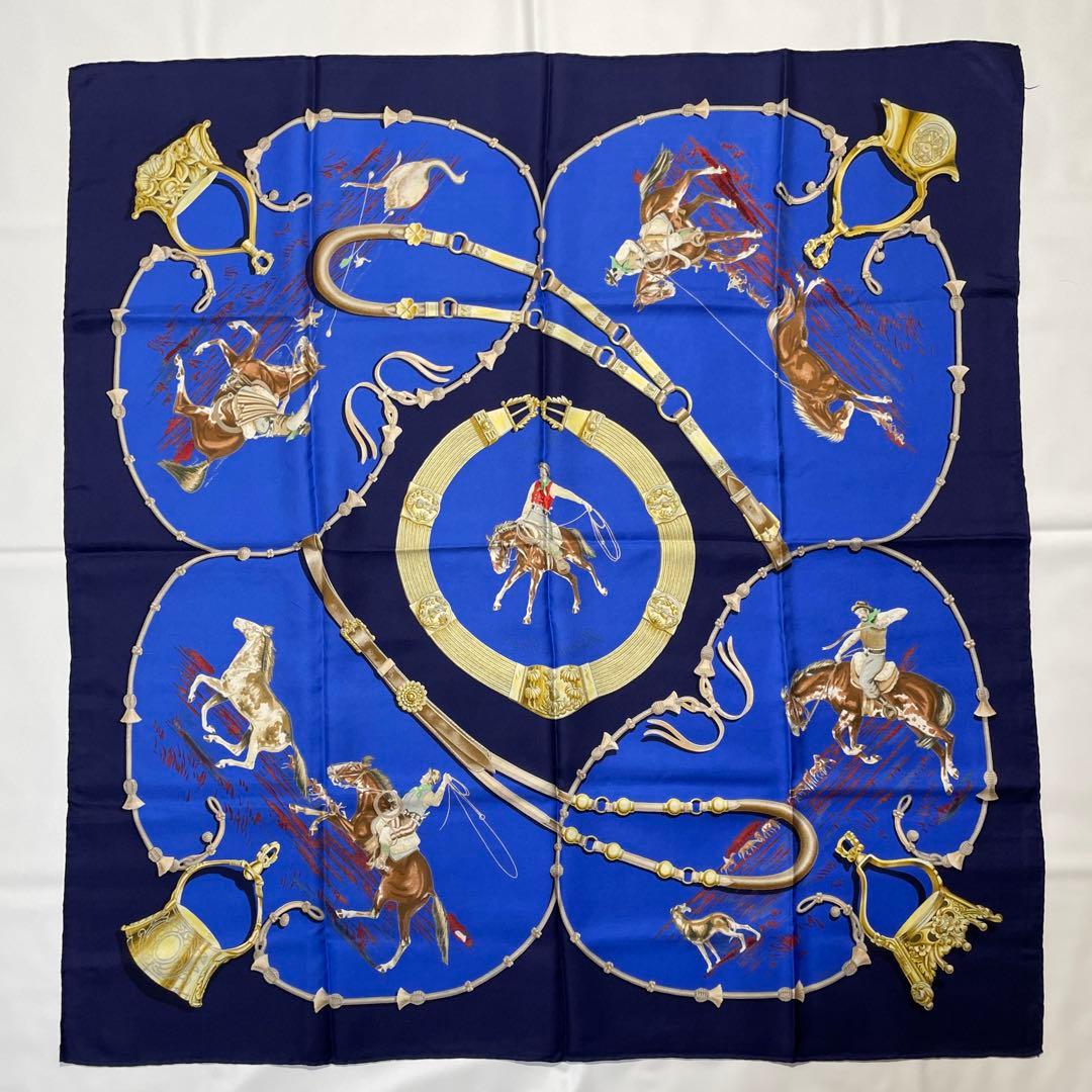 2511-335｜美品｜エルメス カレ 90 スカーフ シルク ネイビー