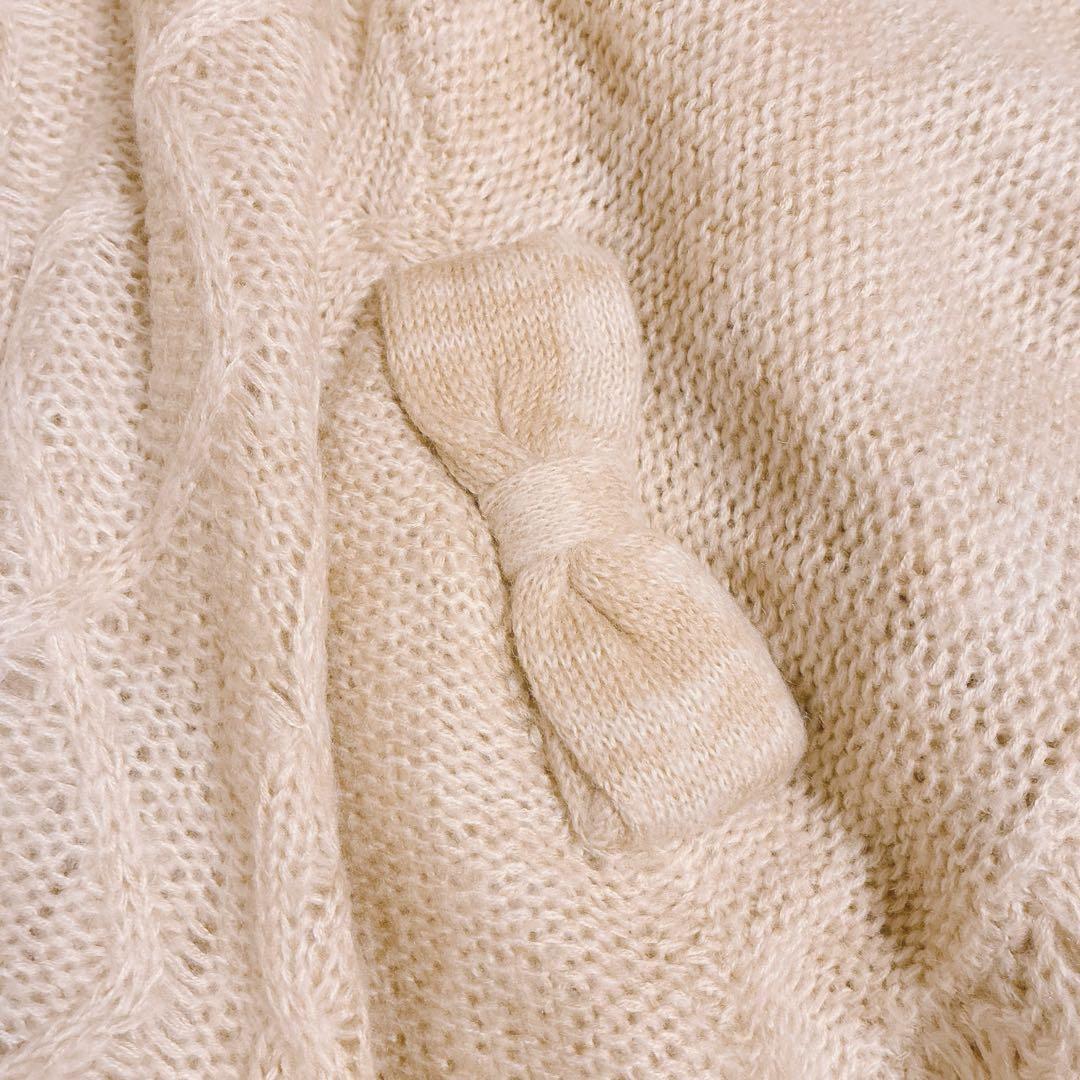 美品✨Lizmelo リズメロ　ニットポンチョ　ベージュ　リボン　ケーブル　M