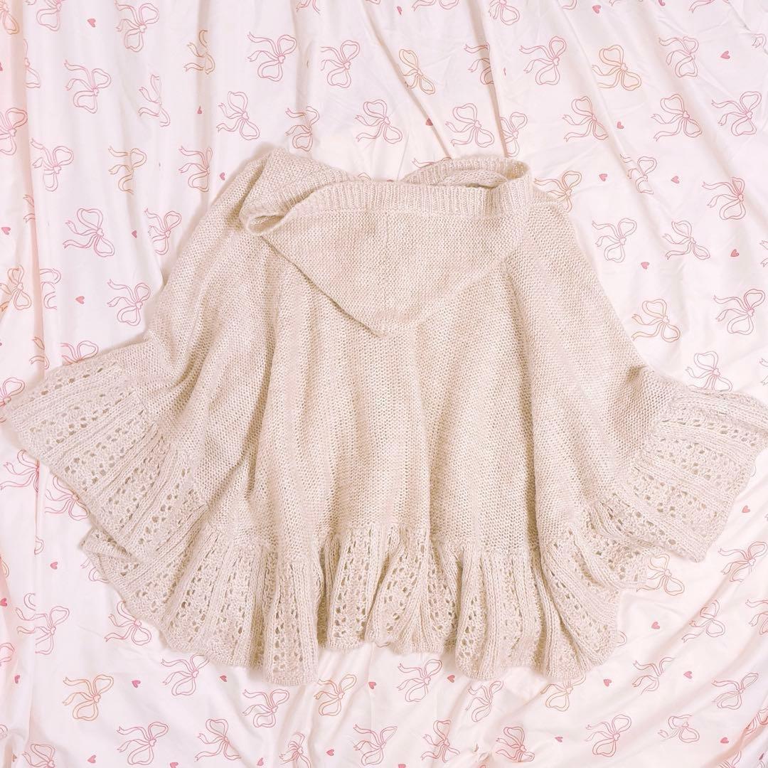 美品✨Lizmelo リズメロ　ニットポンチョ　ベージュ　リボン　ケーブル　M