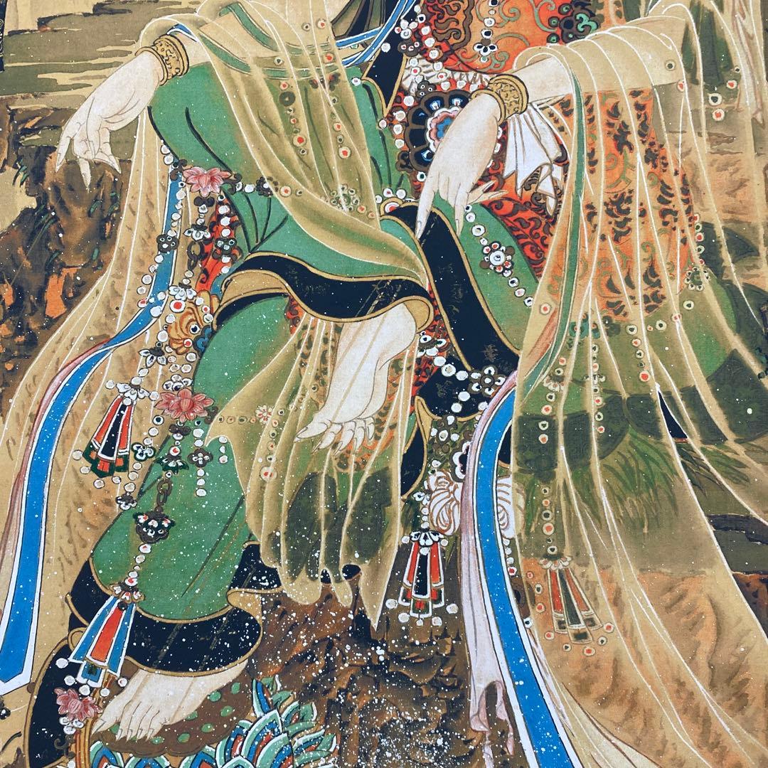 美品 掛け軸 河鍋暁斎筆「観世音菩薩」印刷 仏教美術 仏画 名画 年中掛け