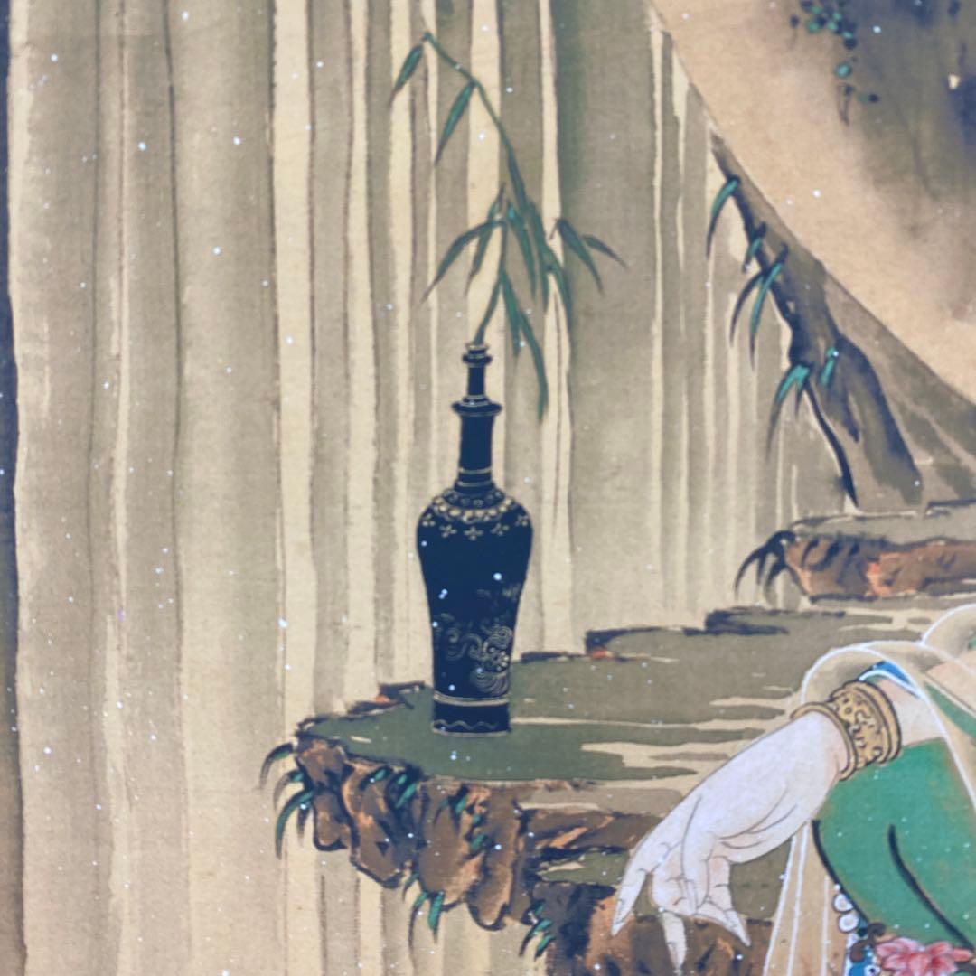 美品 掛け軸 河鍋暁斎筆「観世音菩薩」印刷 仏教美術 仏画 名画 年中掛け