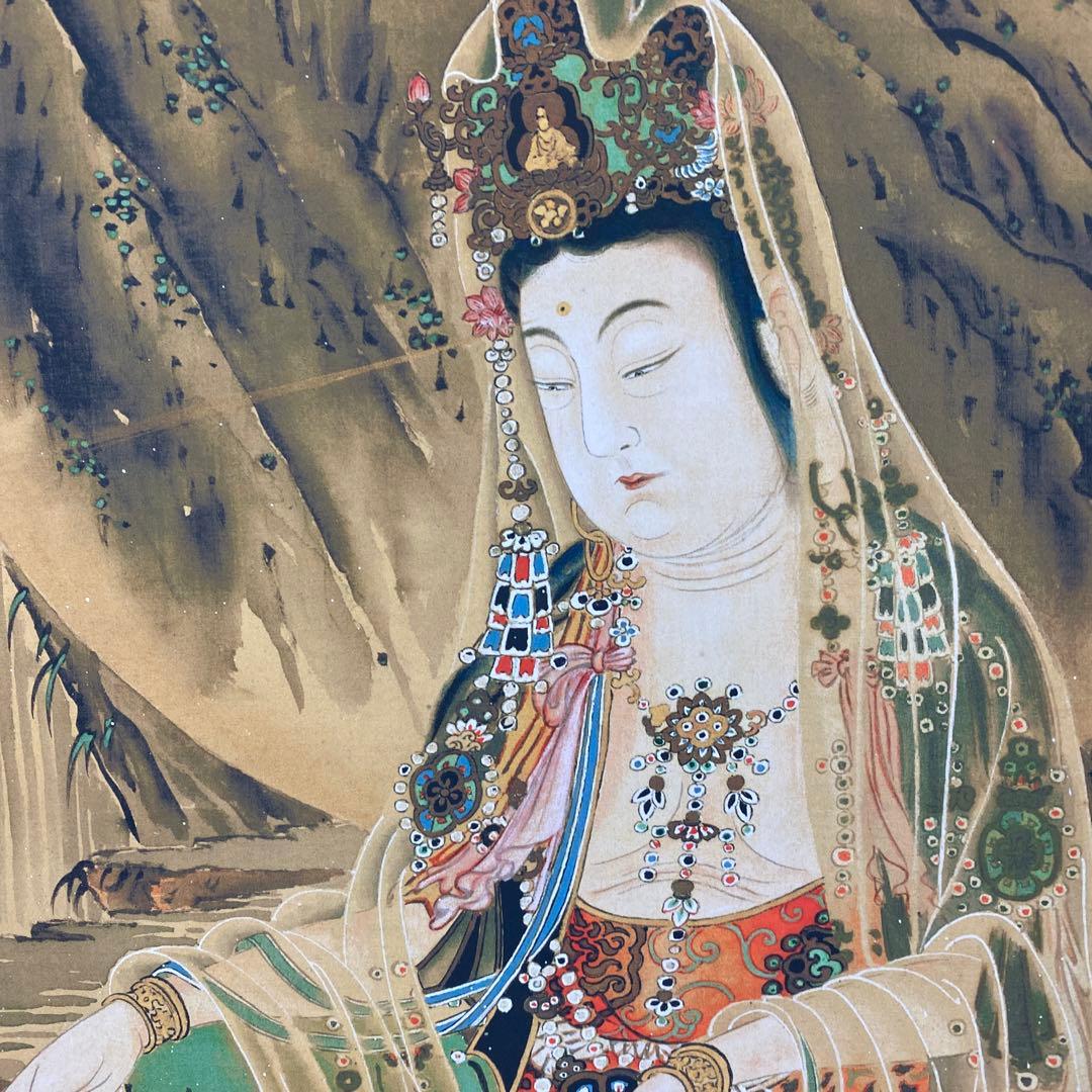美品 掛け軸 河鍋暁斎筆「観世音菩薩」印刷 仏教美術 仏画 名画 年中掛け