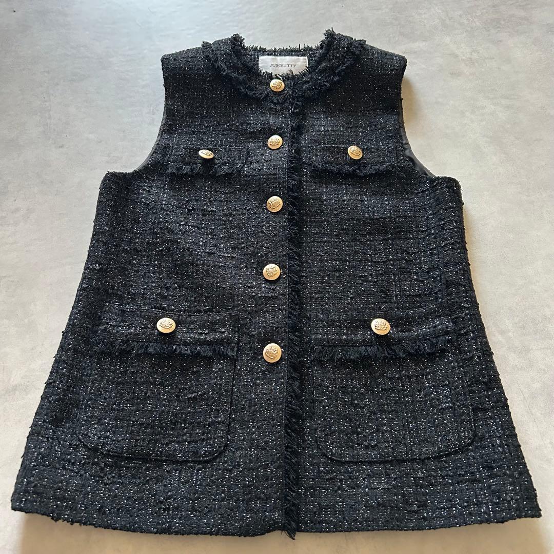 ！！専用！！ジャスグリッティー 黒 ラメ ツイード ジレ 金ボタン セレモニー