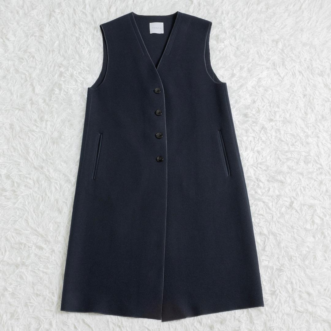 美品 YONFA ヨンファ ウールジレ ネイビー ロング ノーカラー ジレ