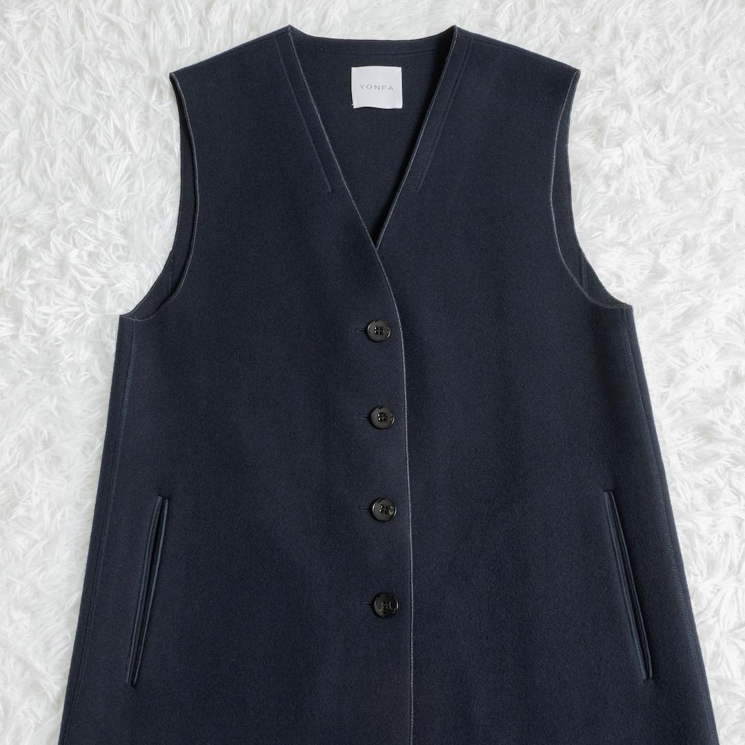 美品 YONFA ヨンファ ウールジレ ネイビー ロング ノーカラー ジレ