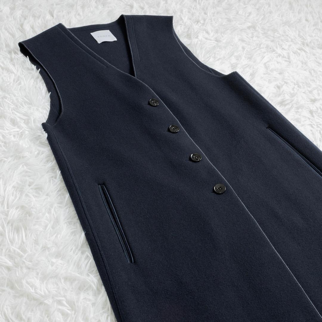 美品 YONFA ヨンファ ウールジレ ネイビー ロング ノーカラー ジレ