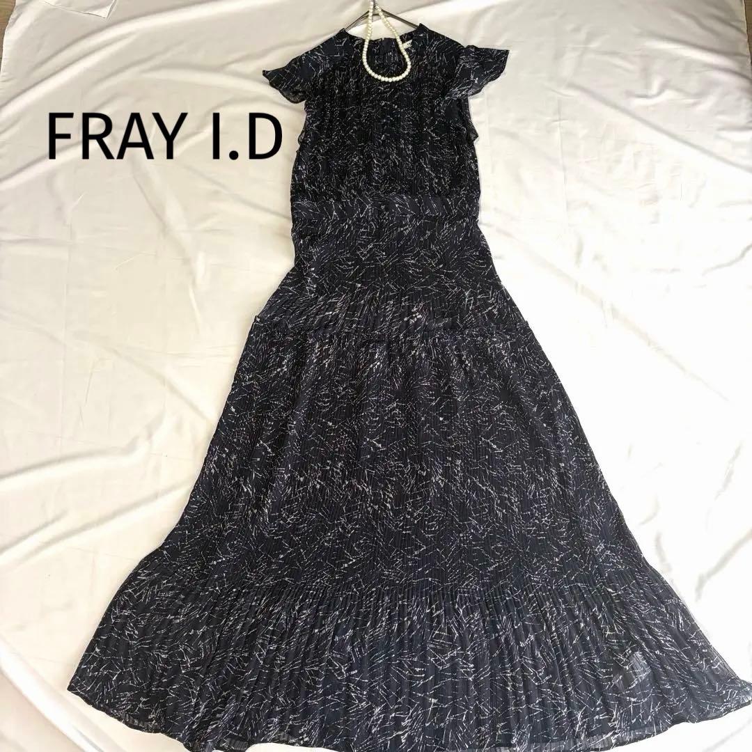 美品 FRAY I.D シフォンプリーツプリントワンピース ネイビー サイズ1