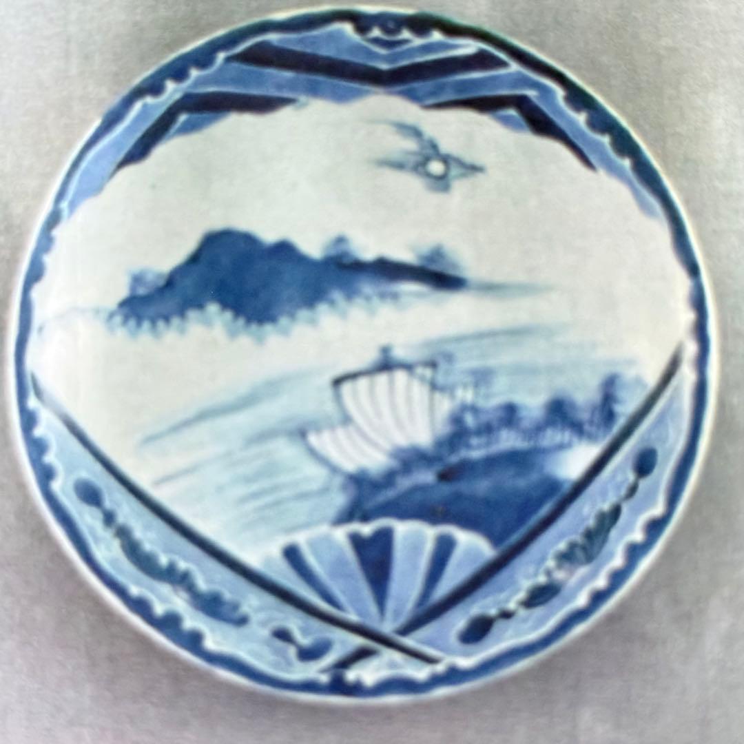M様へ感謝お嫁入り‼️古伊万里染付呉須　扇面窓絵に帆かけ舟　9寸皿1客　参考資料付