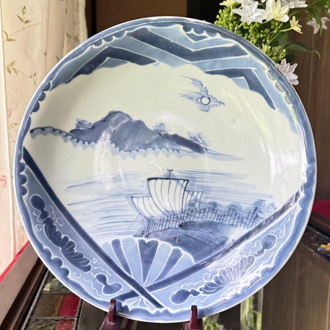 M様へ感謝お嫁入り‼️古伊万里染付呉須　扇面窓絵に帆かけ舟　9寸皿1客　参考資料付