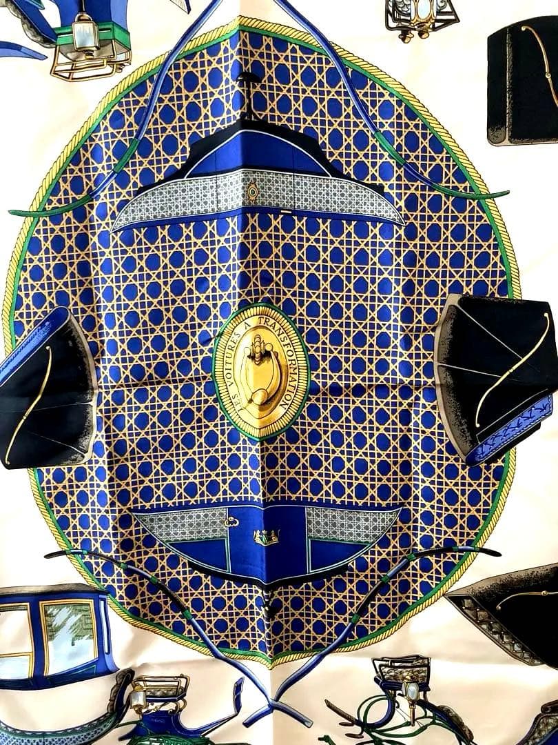 HERMES/エルメス スカーフカレ90 折りたたみ式幌の馬車　白×青