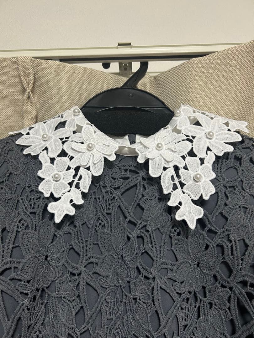 Leja 花柄レースカラースパンコール刺繍AラインフレアドレスワンピースBLUE