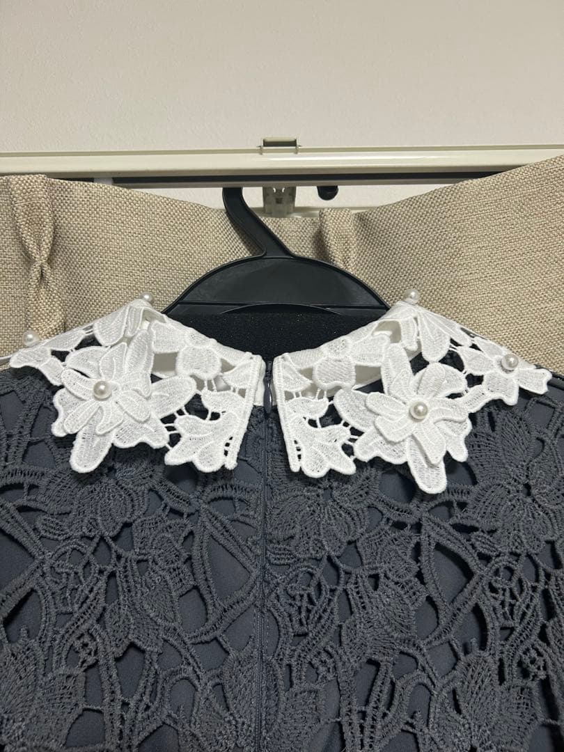 Leja 花柄レースカラースパンコール刺繍AラインフレアドレスワンピースBLUE