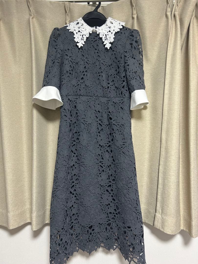 Leja 花柄レースカラースパンコール刺繍AラインフレアドレスワンピースBLUE