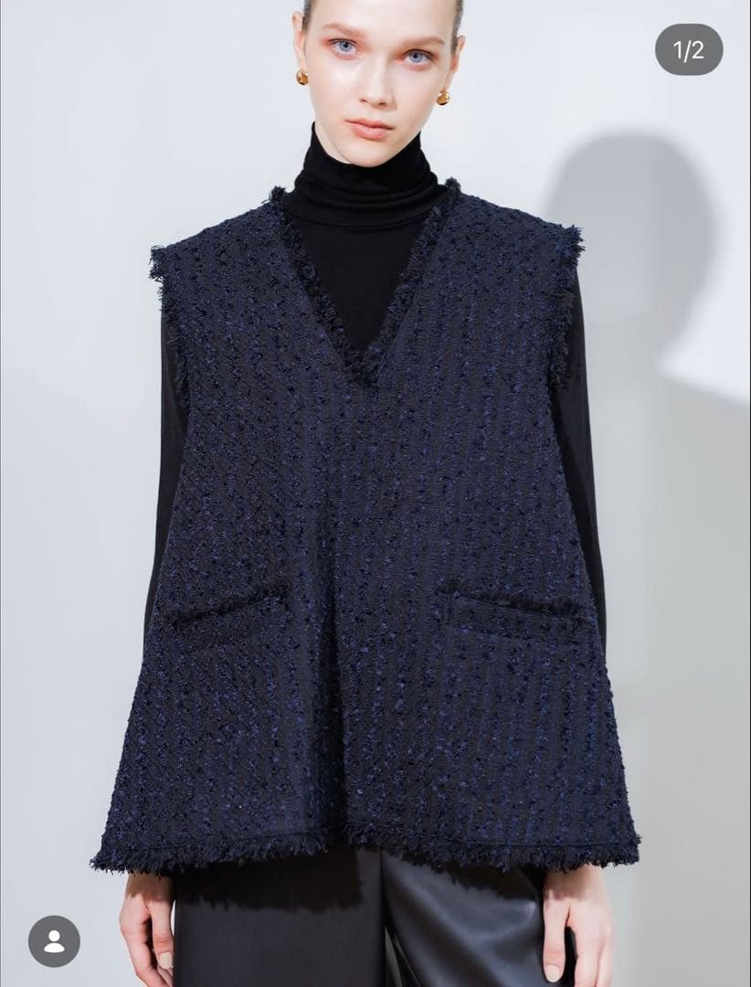 Heve Tweed Gilet navy ツイードジレ