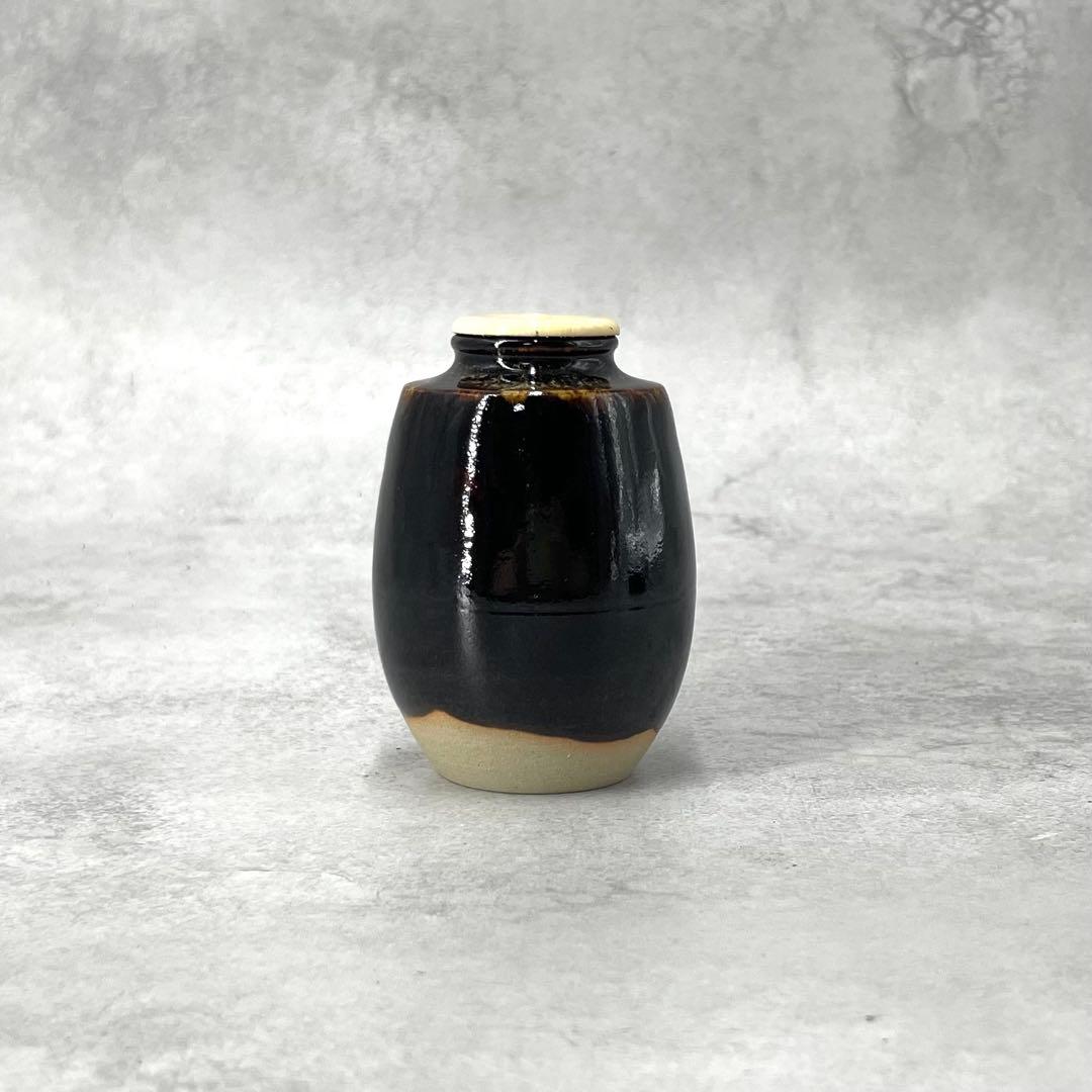 【極美品】桶谷定一 茶入 茶道具 黒釉仕覆 共箱付 骨董 陶芸家 コレクション