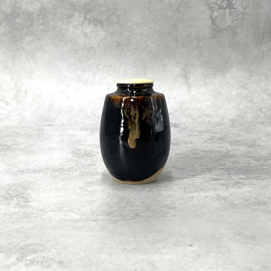 【極美品】桶谷定一 茶入 茶道具 黒釉仕覆 共箱付 骨董 陶芸家 コレクション