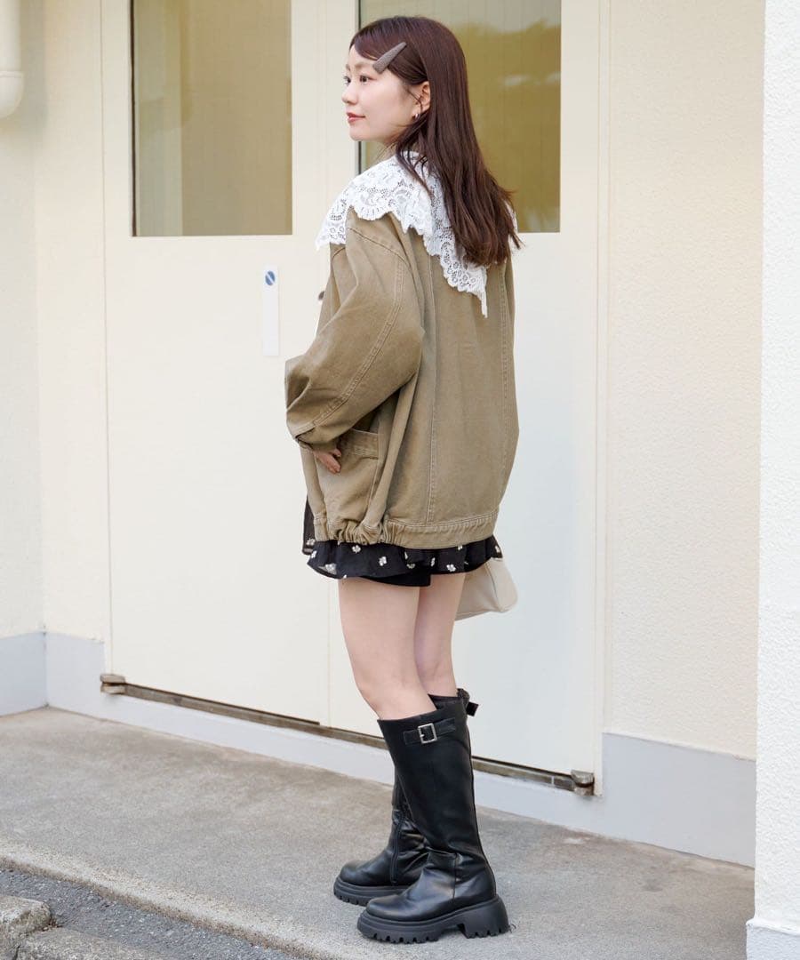 新品　Kastane カラーツイルレース付きジャケット　カスタネ カーキ