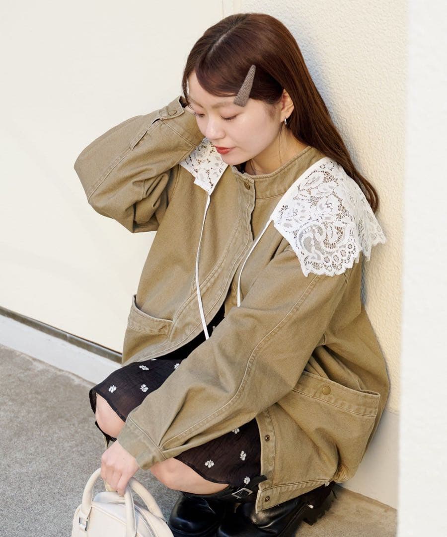 新品　Kastane カラーツイルレース付きジャケット　カスタネ カーキ