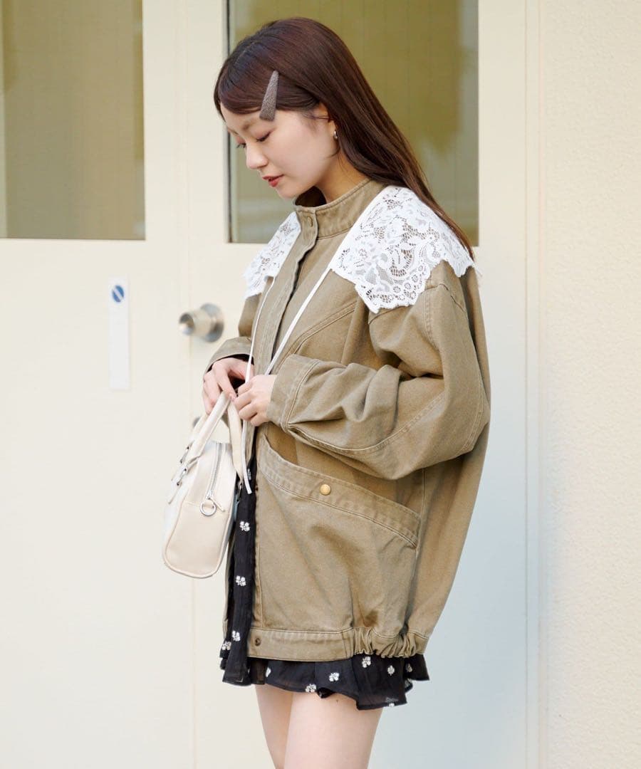 新品　Kastane カラーツイルレース付きジャケット　カスタネ カーキ
