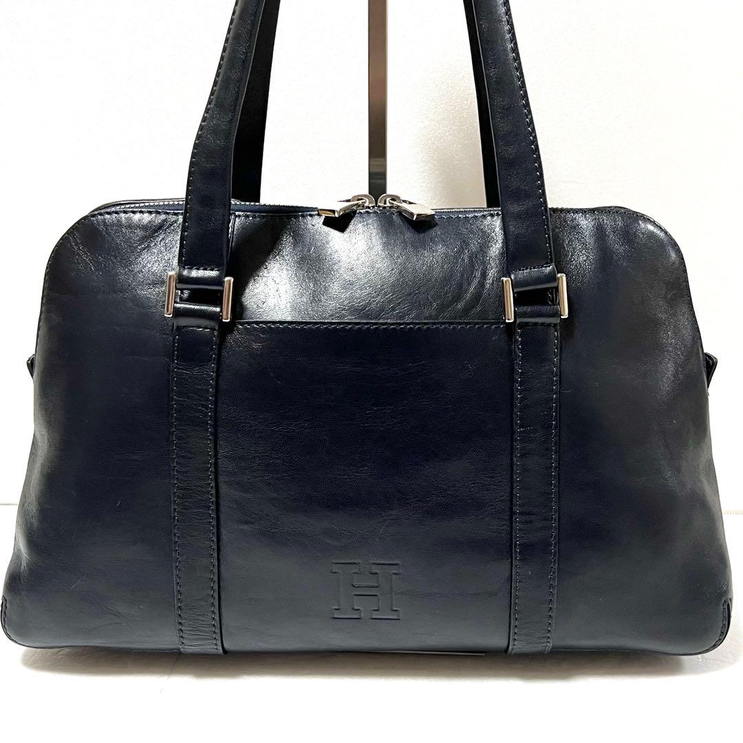 【良品】HIROFU ヒロフ ハンドバッグ ロゴ型押し ネイビー
